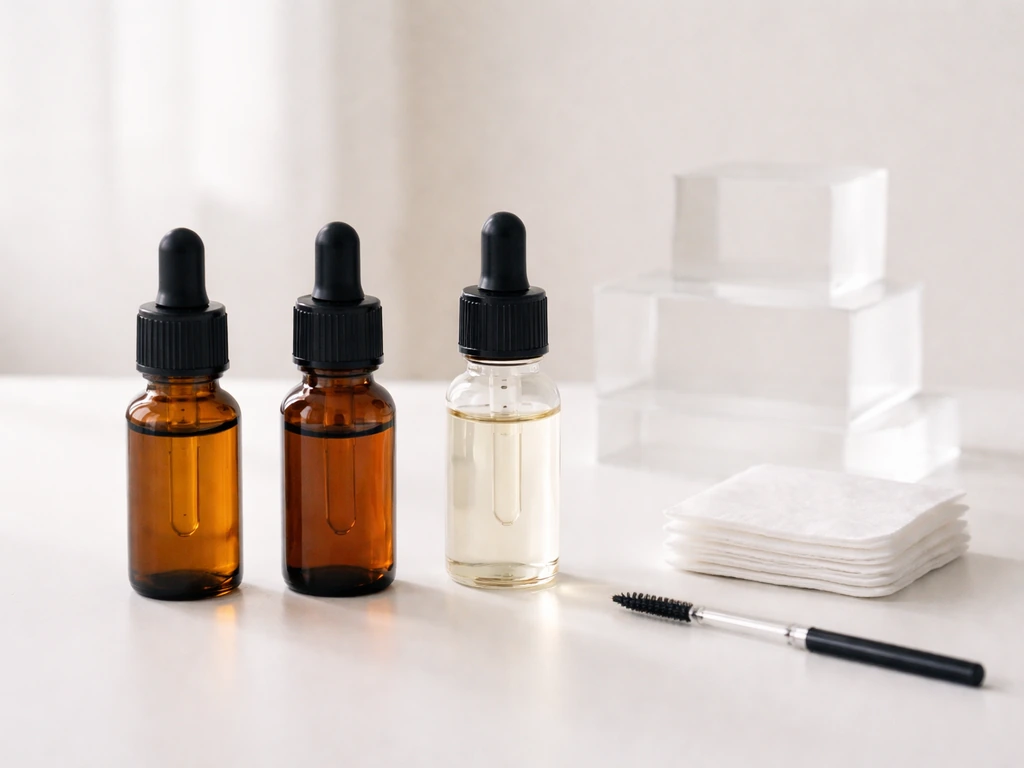 Three unlabeled lash-care bottles with droppers on a clean table, minimal tabletop comparison mood.