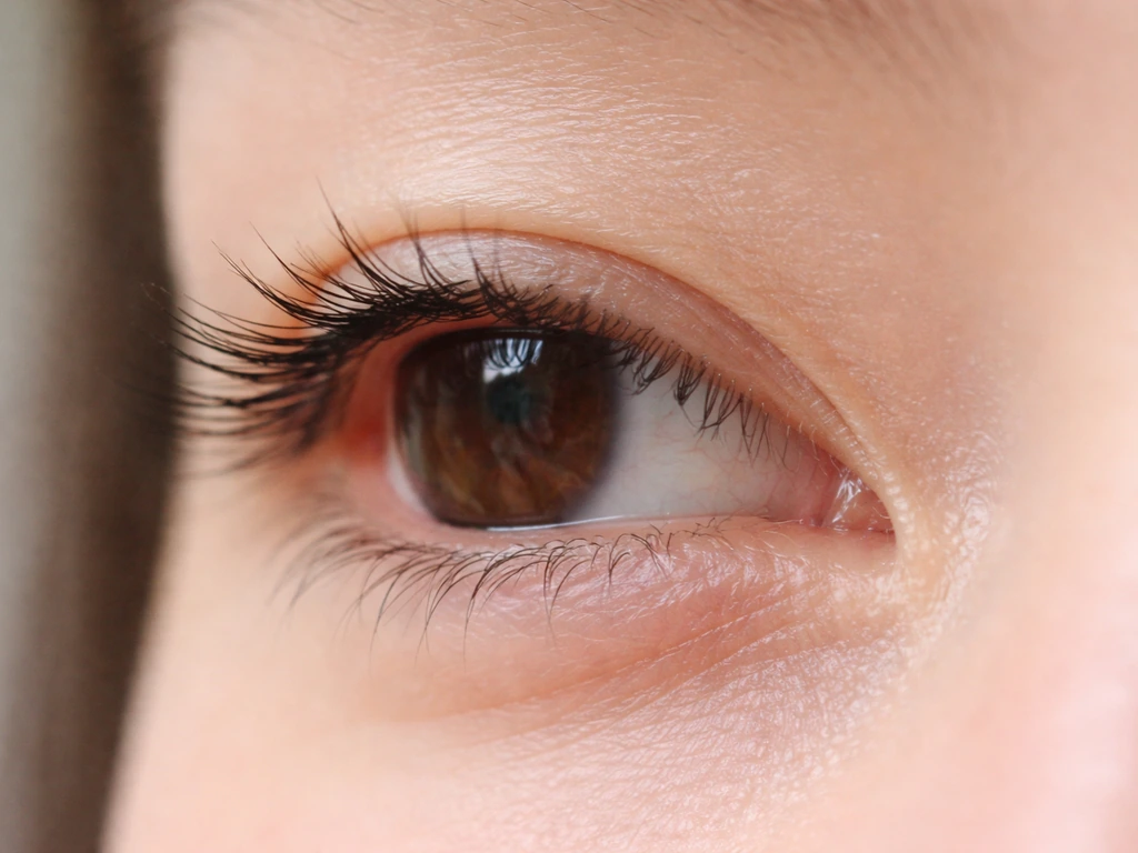 Close-up of the inner eye corner highlighting eyelashes that differ from the rest of the lash line.