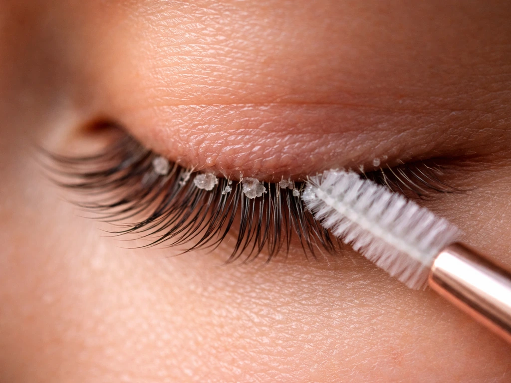 Close-up of upper lash line showing extension glue debris near the outer corner and a gentle brush removing buildup.