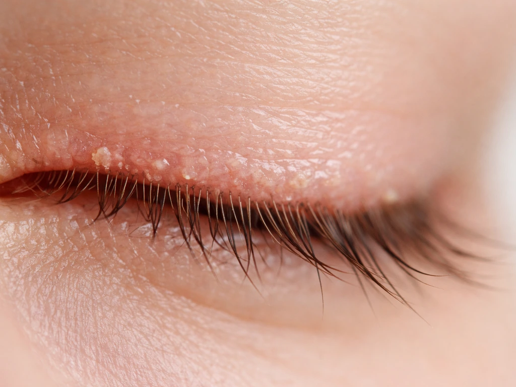 Close-up of an eyelid margin with mild redness and crusting along the lash line near the inner corner.
