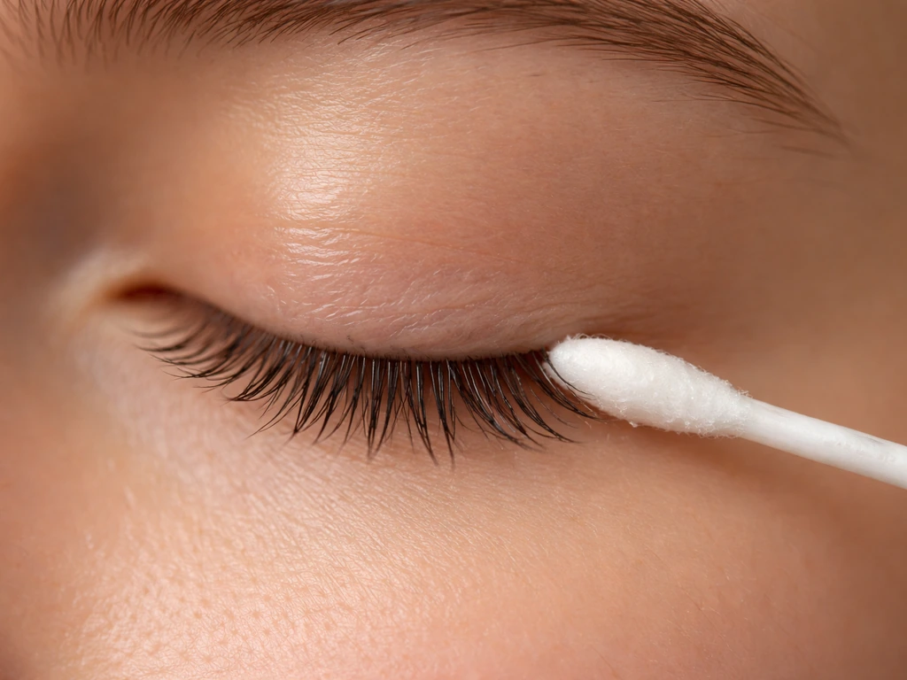 Close-up of a cotton swab applying lash conditioner to the outer corner lash line