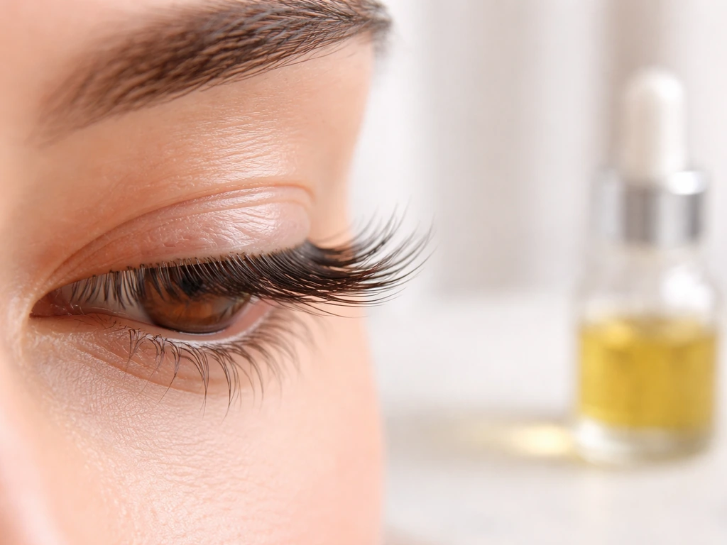 Close-up of long healthy eyelashes with a small dropper bottle of olive oil beside them.