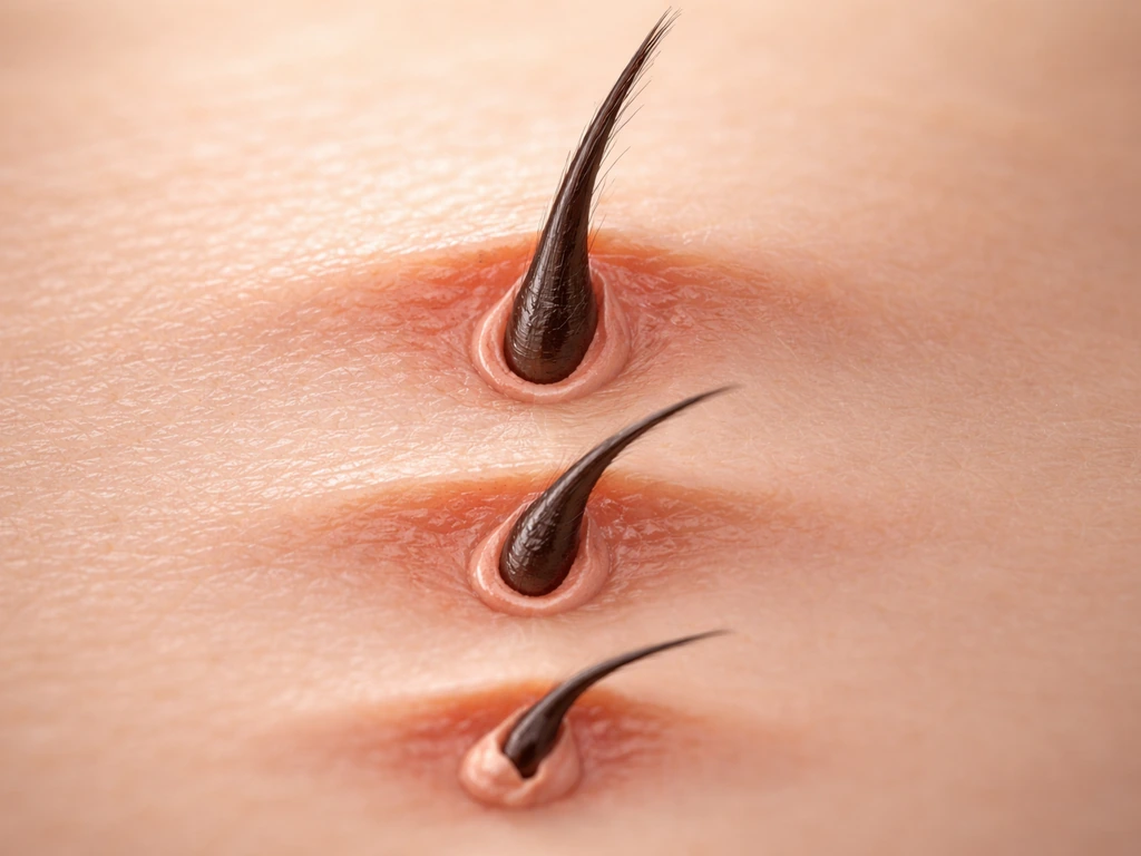 Macro view of an eyelash follicle in three realistic stages of growth, transition, and resting.