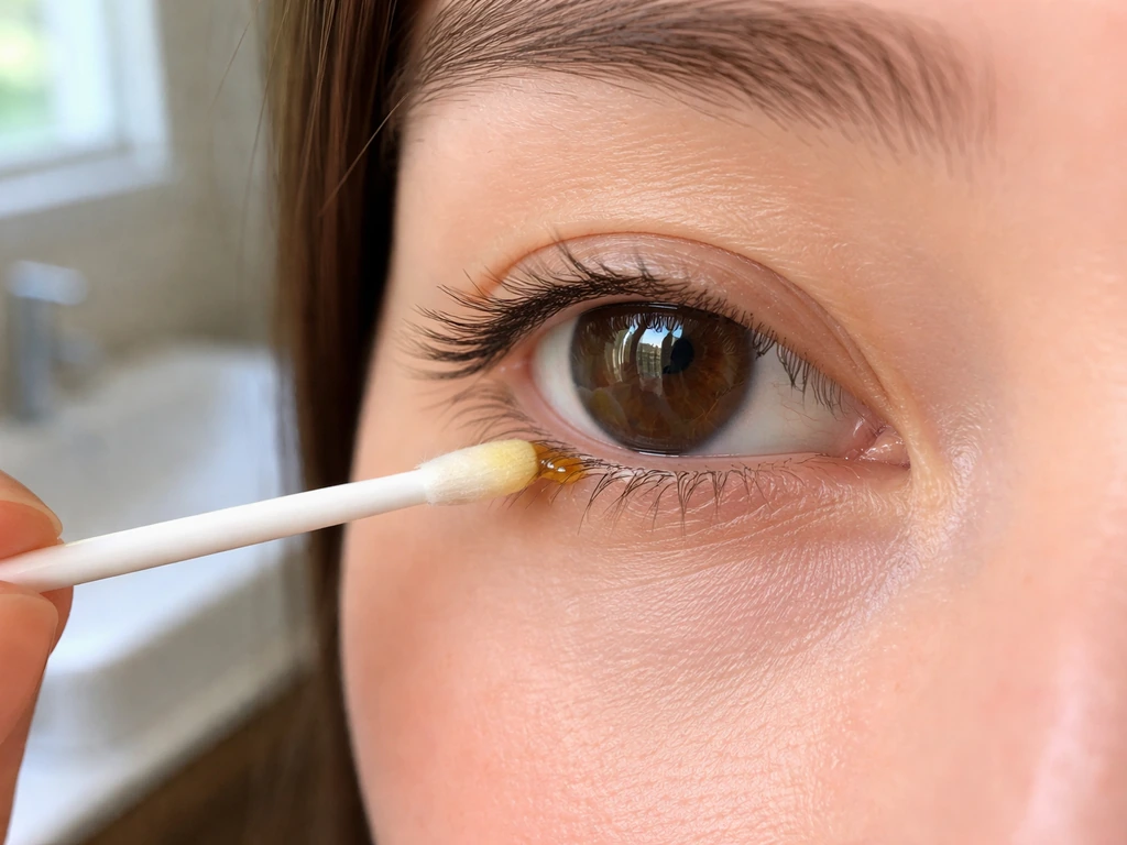 Close-up of a clean cotton swab applying a tiny amount of olive oil to the lash line safely
