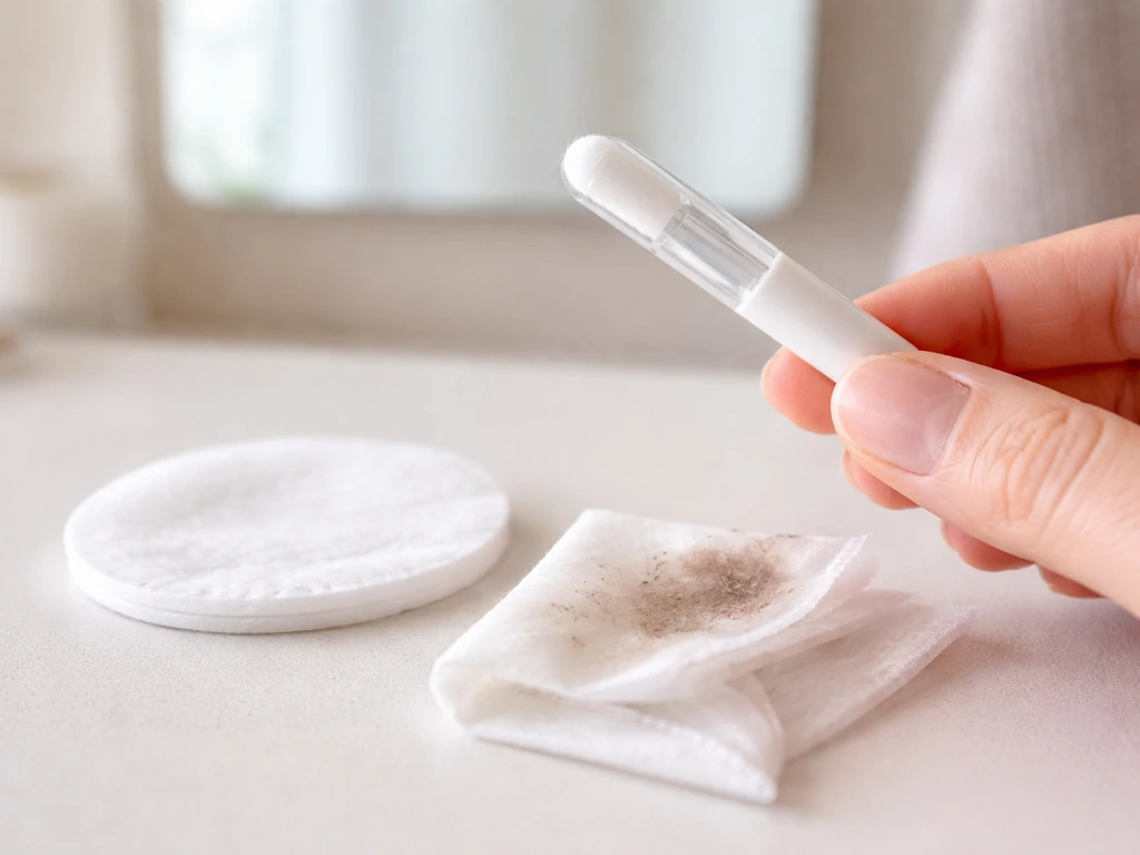Close-up of a clean applicator touching a fingertip near a mirror, with a subtle eye-safety caution theme