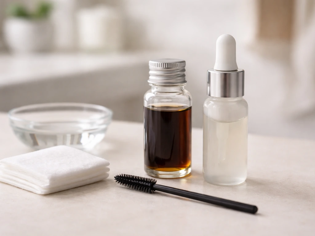 Neatly arranged castor oil bottle and sterile eyelash applicator on a clean bathroom vanity surface.
