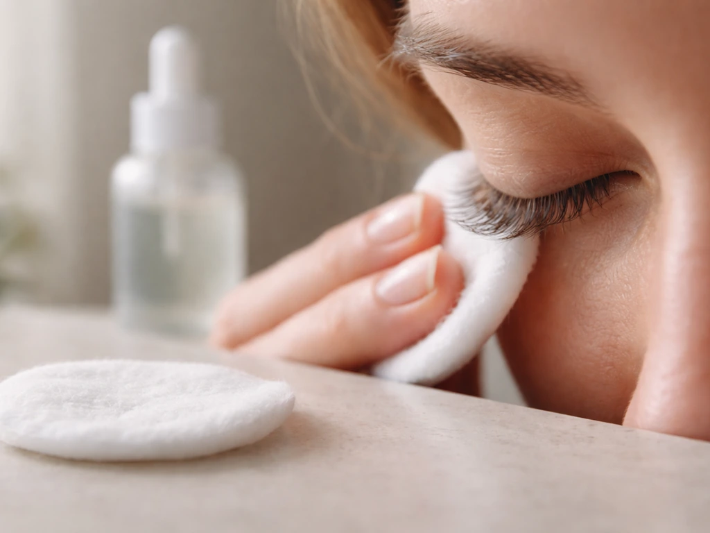 Minimal close-up of an eye area with lashes and a soft cotton pad on a clean vanity