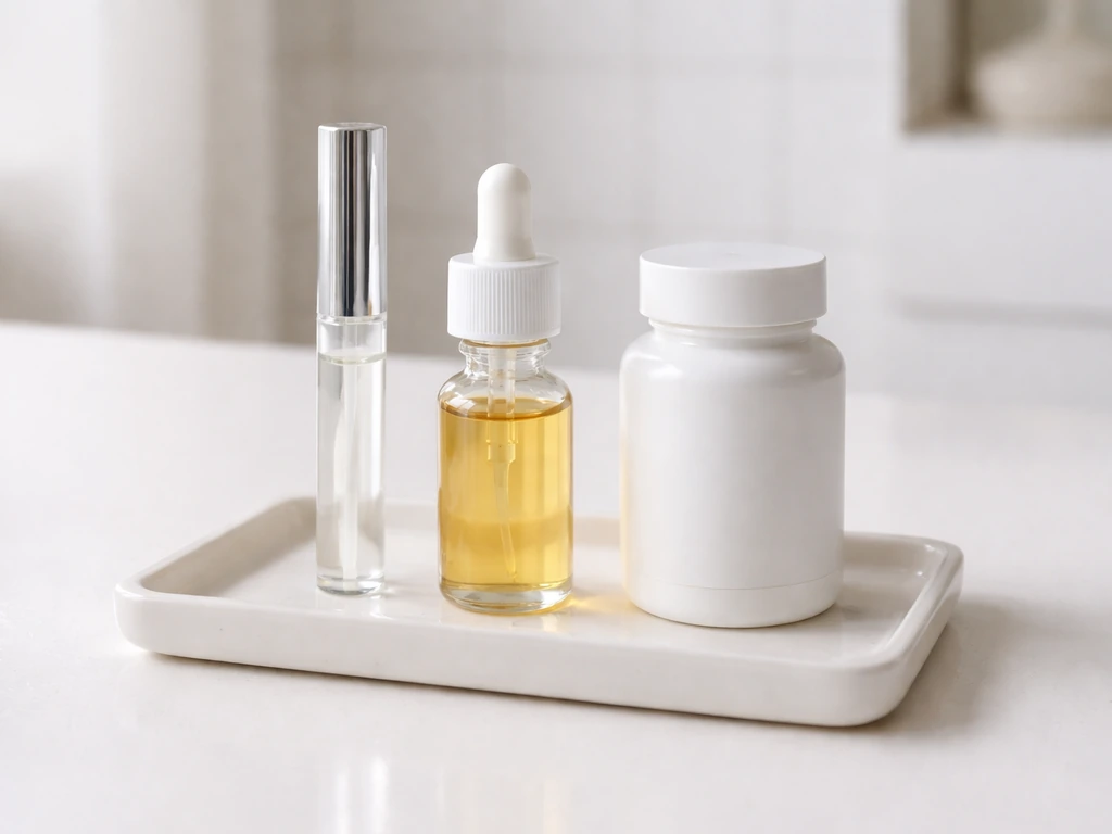 Tray of lash-growth beauty products on a bathroom counter under natural light, neatly laid out.