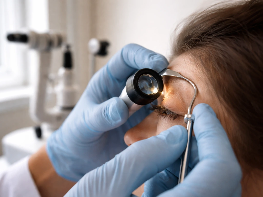 Clinician using a magnifier to examine a person’s eyelids during an eye exam in a clinic