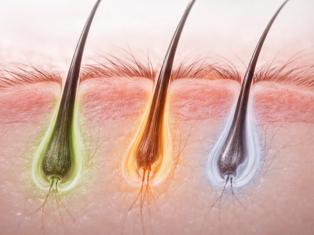 Close-up medical-style view of an eyelash follicle cross-section with subtle phase cues for growth cycling.