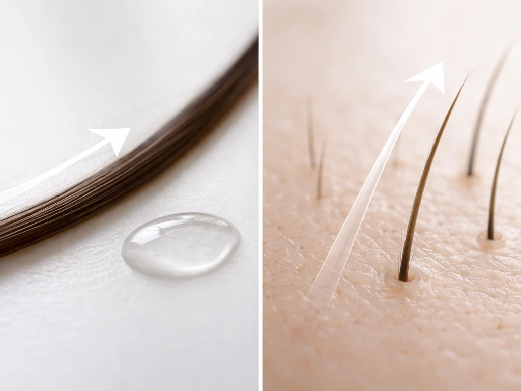 Minimal split scene showing coated hair strand breakage reduction vs subtle new follicle growth cues.
