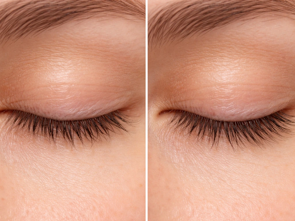 Split before-and-after close-up of closed eye lashes: more intact lashes on the conditioned side after 2–4 weeks.