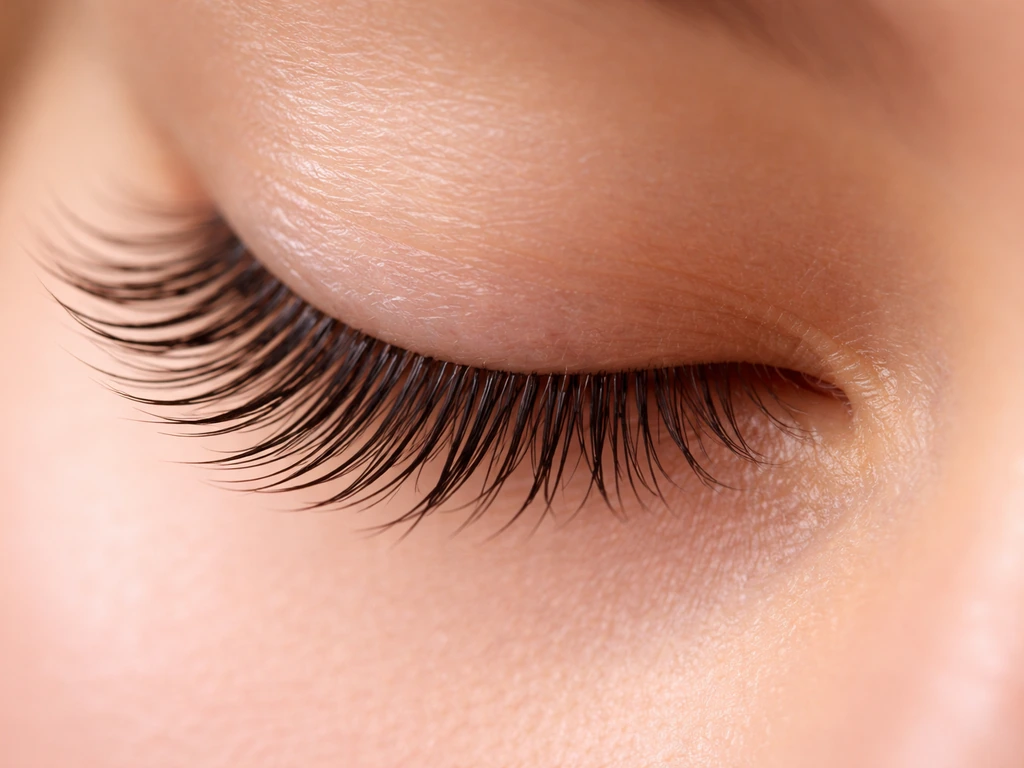 Macro close-up of natural eyelashes with subtle realistic thickening and length.