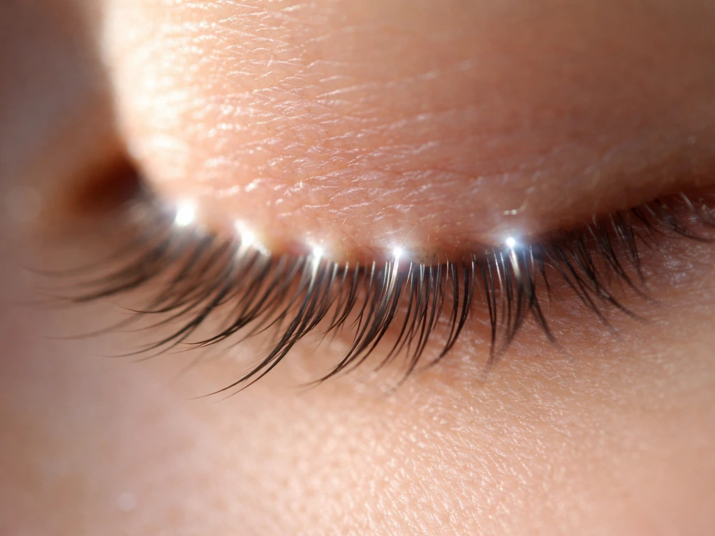 Macro close-up of eyelash follicles at the lash line with subtle light glow suggesting bimatoprost action.