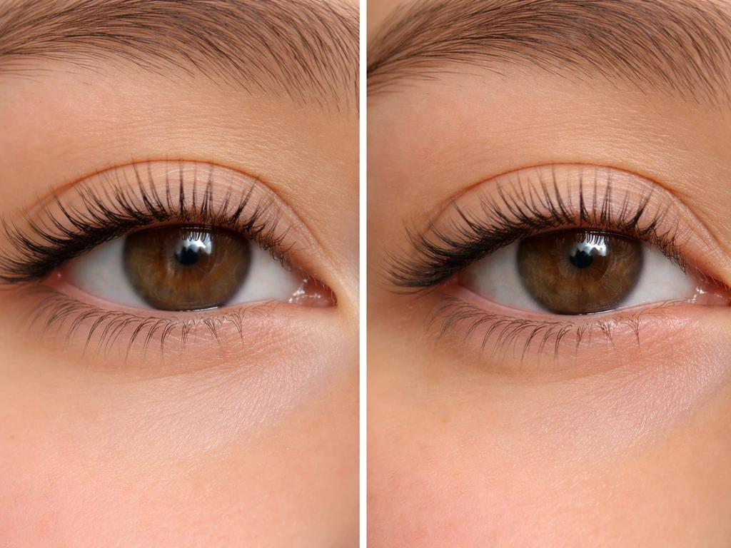 Split close-up of an eye showing lashes darkening/lengthening on one side and irritation on the other.
