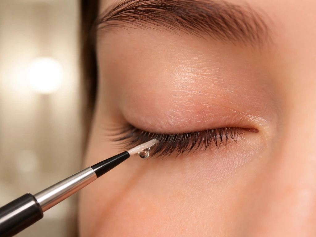 Close-up of an anonymous upper eyelid at bedtime showing an applicator placing a drop at the lash line.