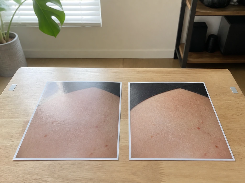 Two side-by-side printed photos on a desk with small placement tape markers for consistent comparison.