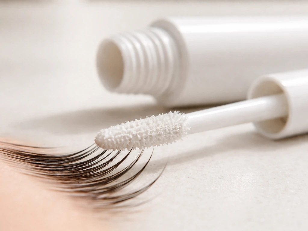 Macro view of a white lash primer tube applying a translucent coating to a few lashes.