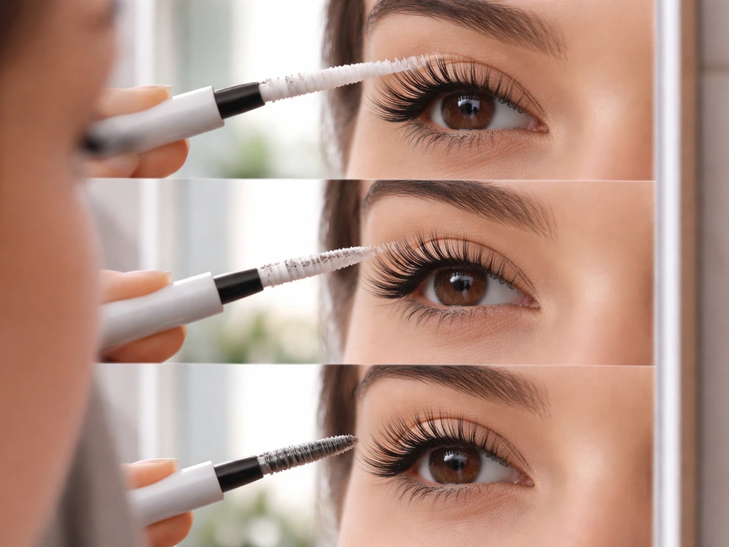 Close-up of lashes with primer wand, showing day 1 to week 4 thicker, separated to conditioned look.