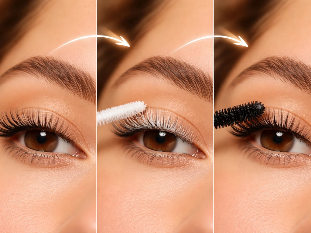 Close-up of lash primer and mascara applied right away on clean lashes, primer still slightly wet.