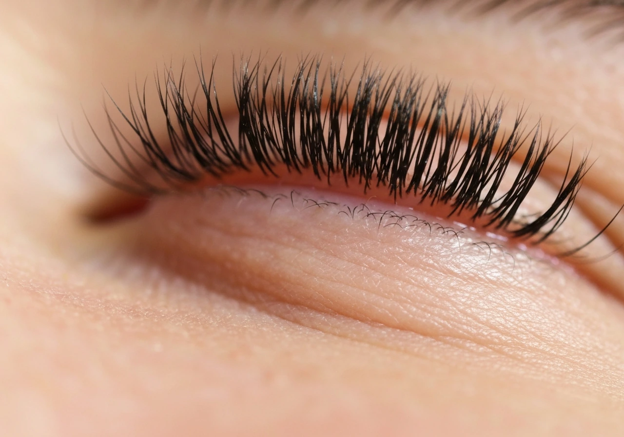 Macro close-up of natural eyelashes with visible tips and soft highlights on skin background.