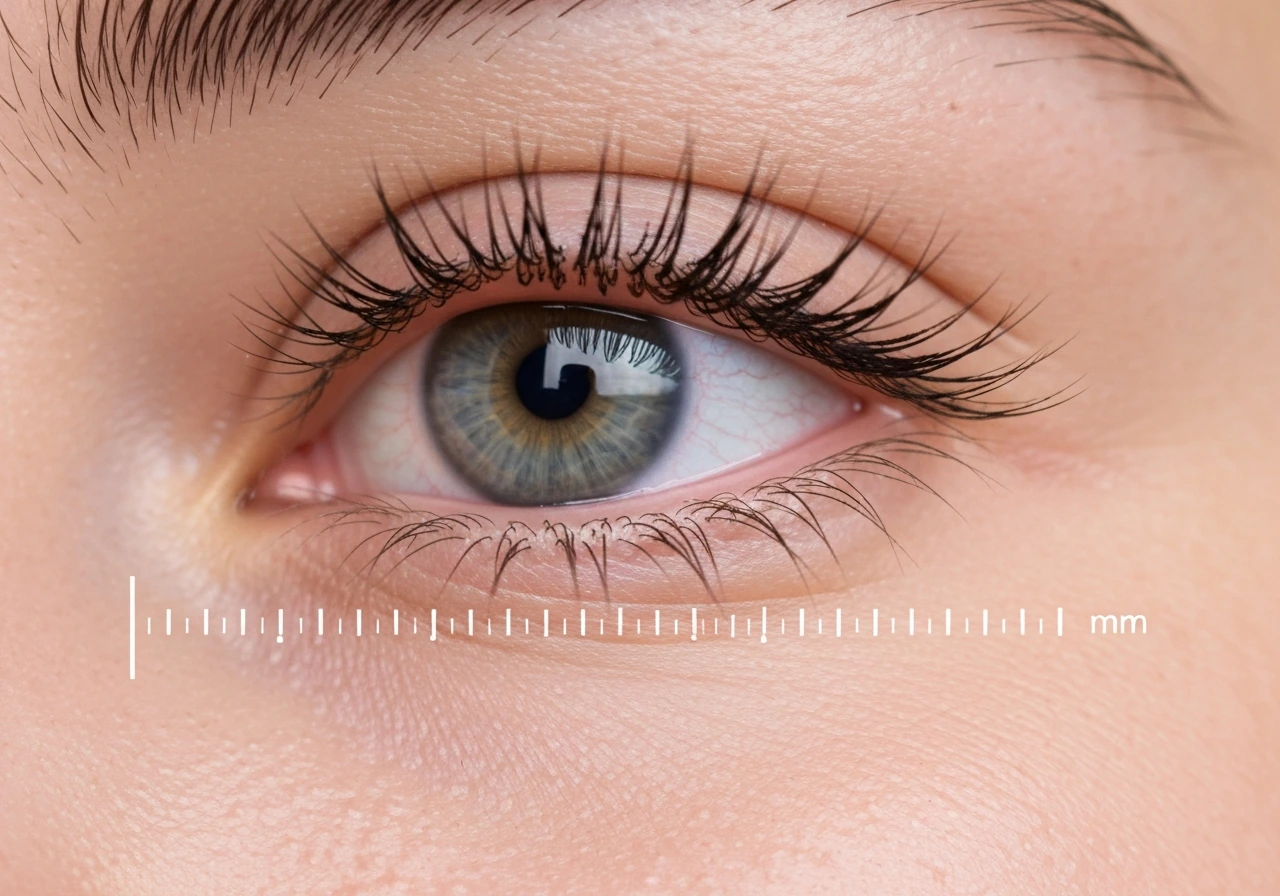 Close-up of an eye with natural eyelashes, softly lit, focusing on lash growth concept