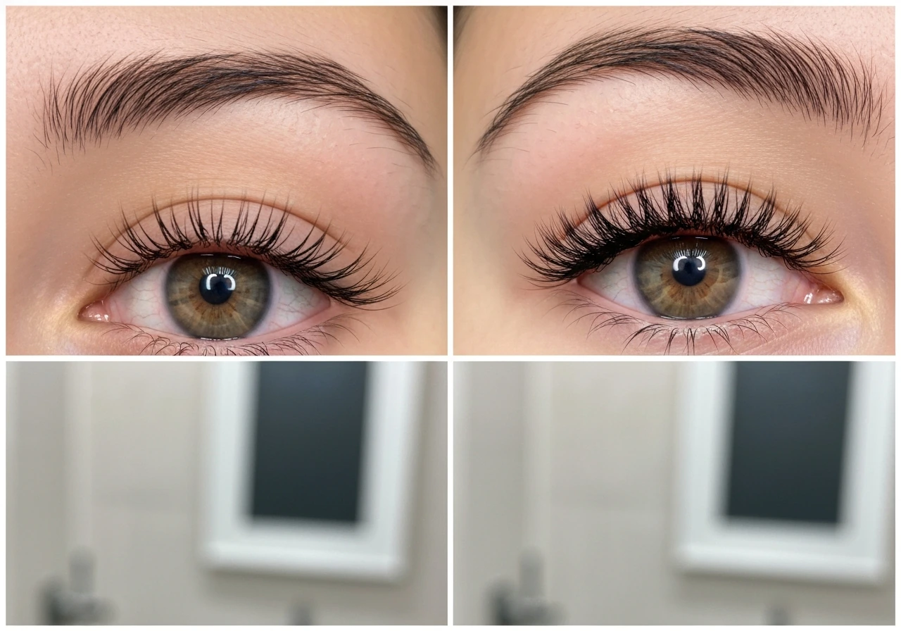 Close-up of eyelashes showing one eye with longer lashes and one with thicker, denser lashes side-by-side.