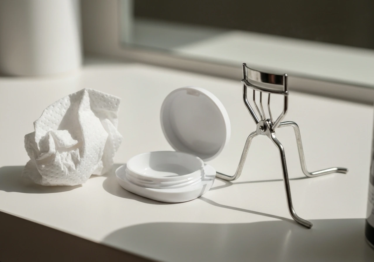 Minimal vanity close-up of an open contact-lens case, tissue, and an eyelash curler suggesting mechanical irritation.