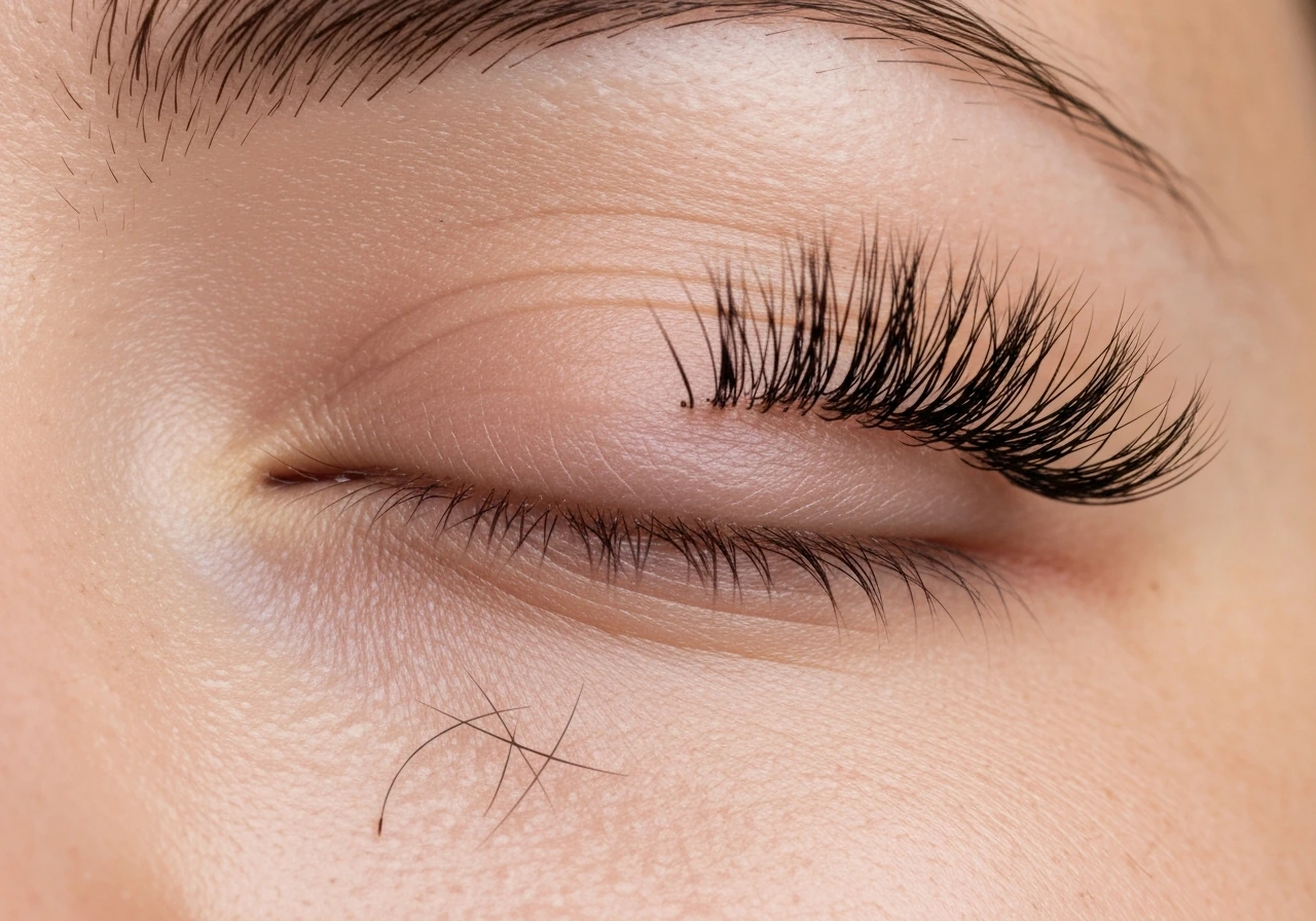 Macro view of two eyelash sets: one sparse baseline and one fuller regrowth, with separate shed stubs on the side.