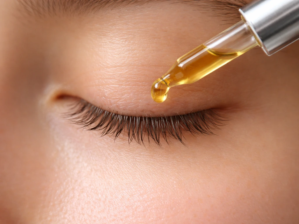 Close-up of upper eyelid lashes as a small dropper applies a natural oil along the lash line