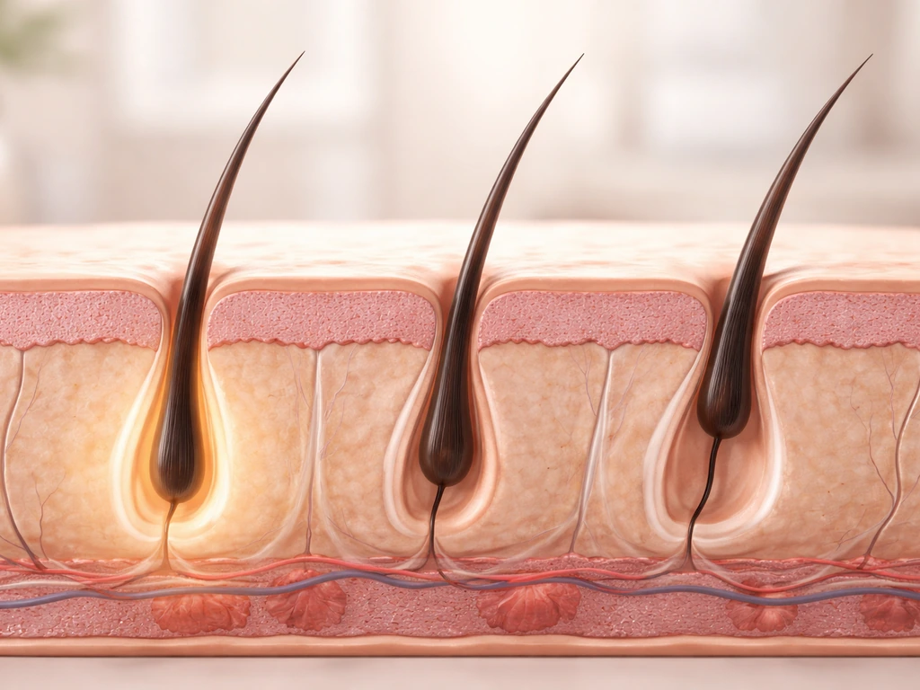 Macro photo of a simple three-stage eyelash follicle model showing growth, transition, and resting phases.