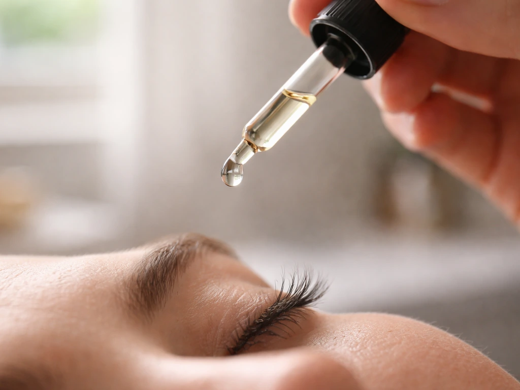 Minimal close-up of a hand holding a dropper above eyelashes, suggesting subtle eyelash conditioning changes.
