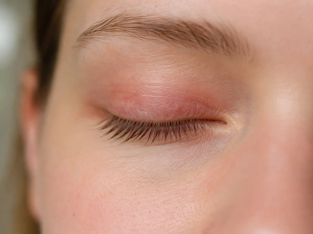 Close-up of mildly irritated eyelid skin with slight redness and swelling, non-graphic and educational.