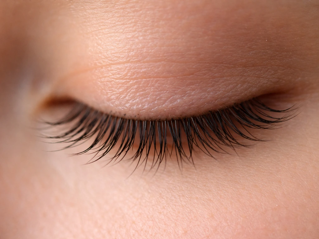 Sharp macro close-up of natural eyelashes with soft light highlighting the lash line and curl.