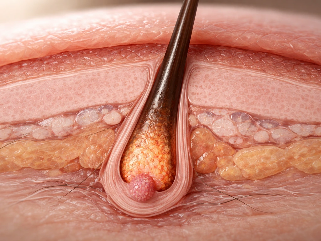 Photorealistic cross-section of an eyelash follicle in an eyelid, with dermal papilla and hair matrix highlighted.