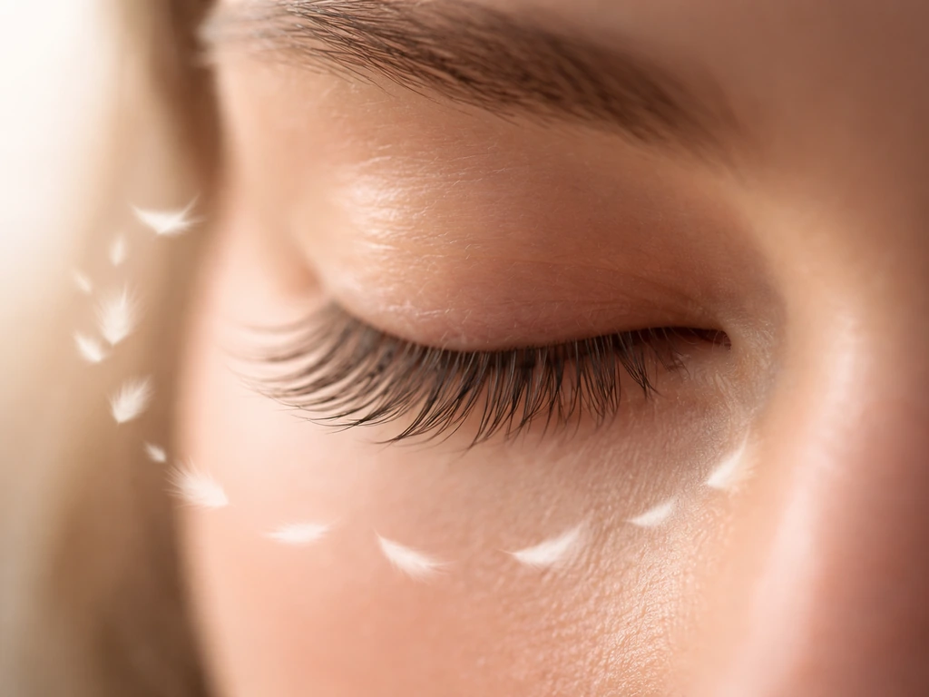 Close-up of an eye with eyelashes, softly lit, showing gentle regrowth expectations in a minimal setting