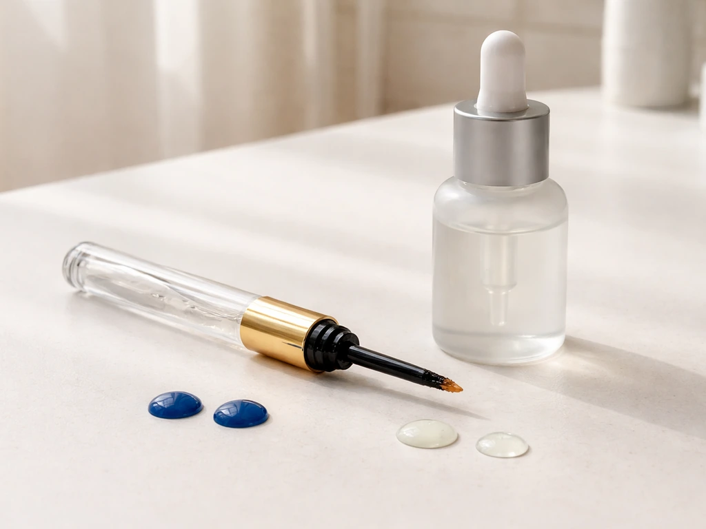 Close-up of a lash serum applicator with clear and deep-blue droplets suggesting proven vs unproven actives.
