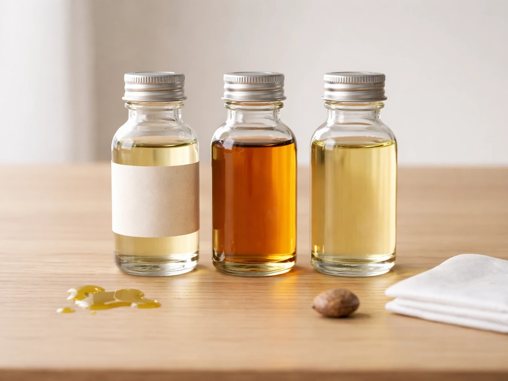 Three natural oil bottles on a wooden counter with a castor bean and cotton pad nearby.
