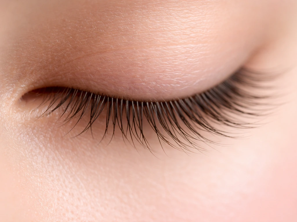 Macro close-up of natural eyelashes on bare skin, softly lit to suggest healthier growth.