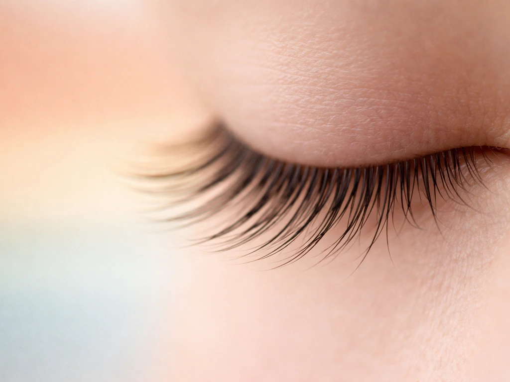 Minimal photo showing a close-up eyelash silhouette with soft phase-like lighting transitions in the background.