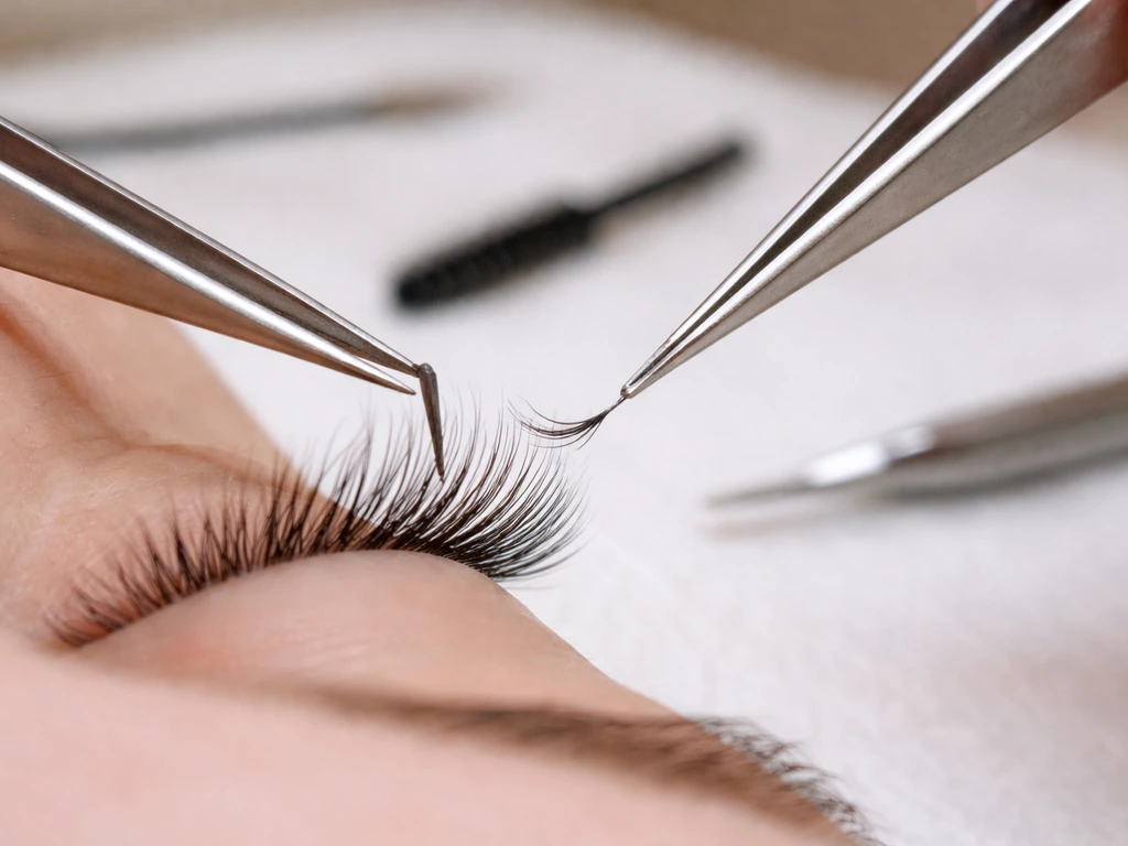 Close-up of lash extensions being applied to a single isolated lash segment with tweezers and applicator.