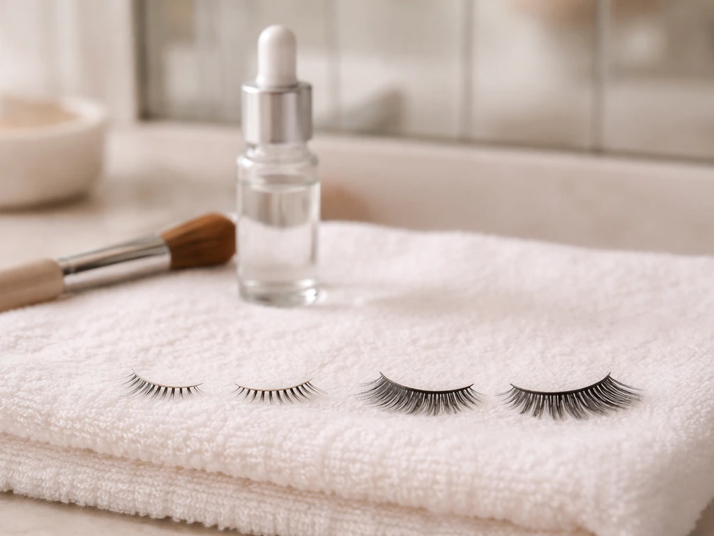 Serum and a makeup brush on a towel with natural lashes suggesting regrowth recovery timeline.