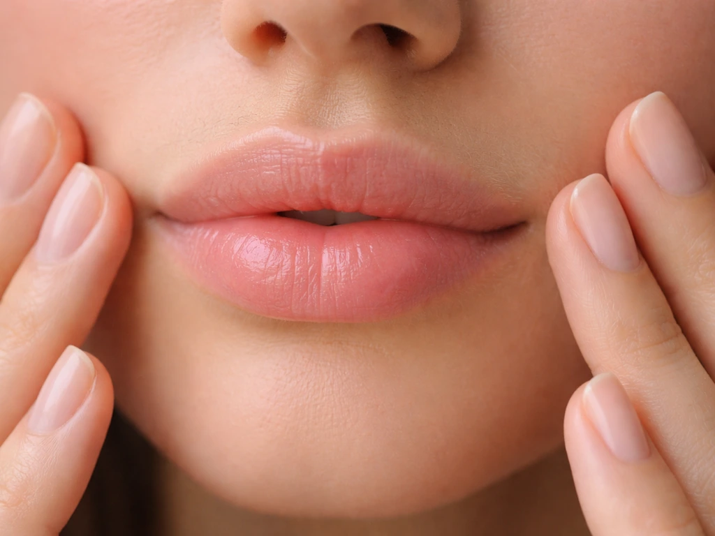Close-up of natural lips with subtle temporary fullness and a gentle massage motion on the skin nearby