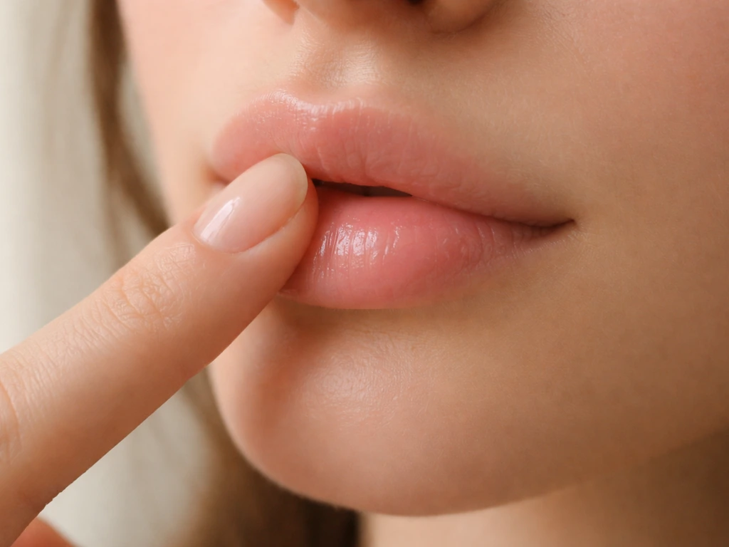 Close-up of lips gently massaged with a clean fingertip for temporary plumpness.