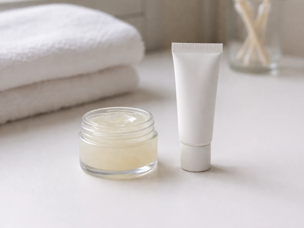 Two unlabeled lip balm products on a bathroom vanity: petrolatum jar and ceramide balm tube.