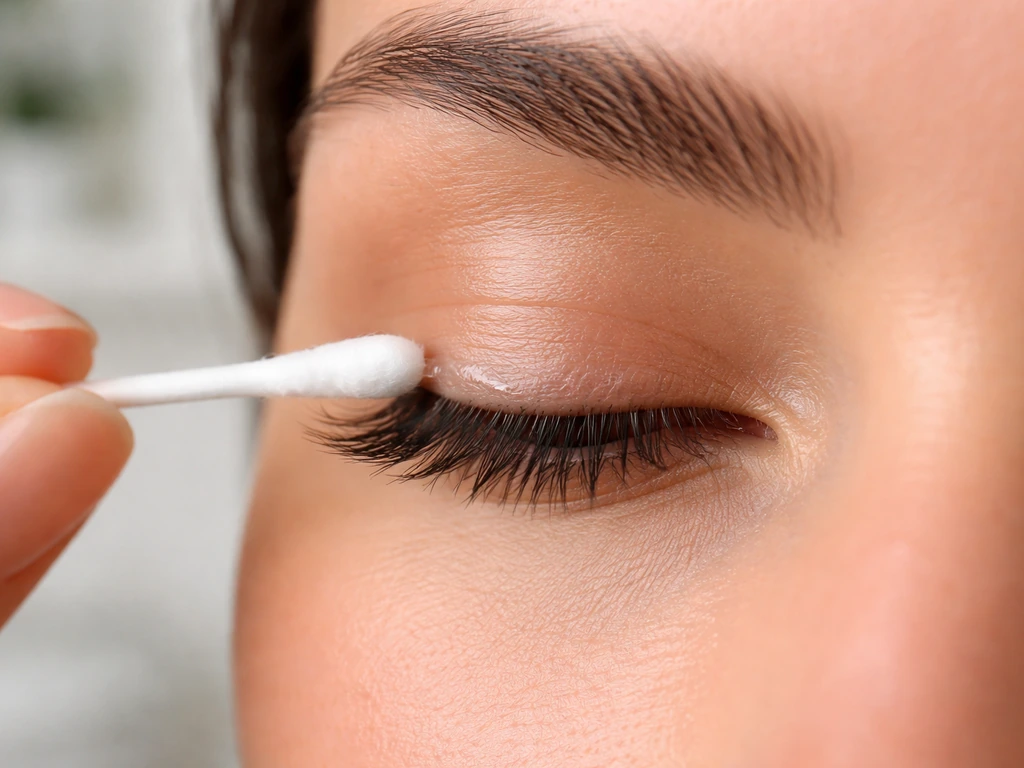 Close-up of a person carefully applying ointment along the upper lash line with a cotton swab.