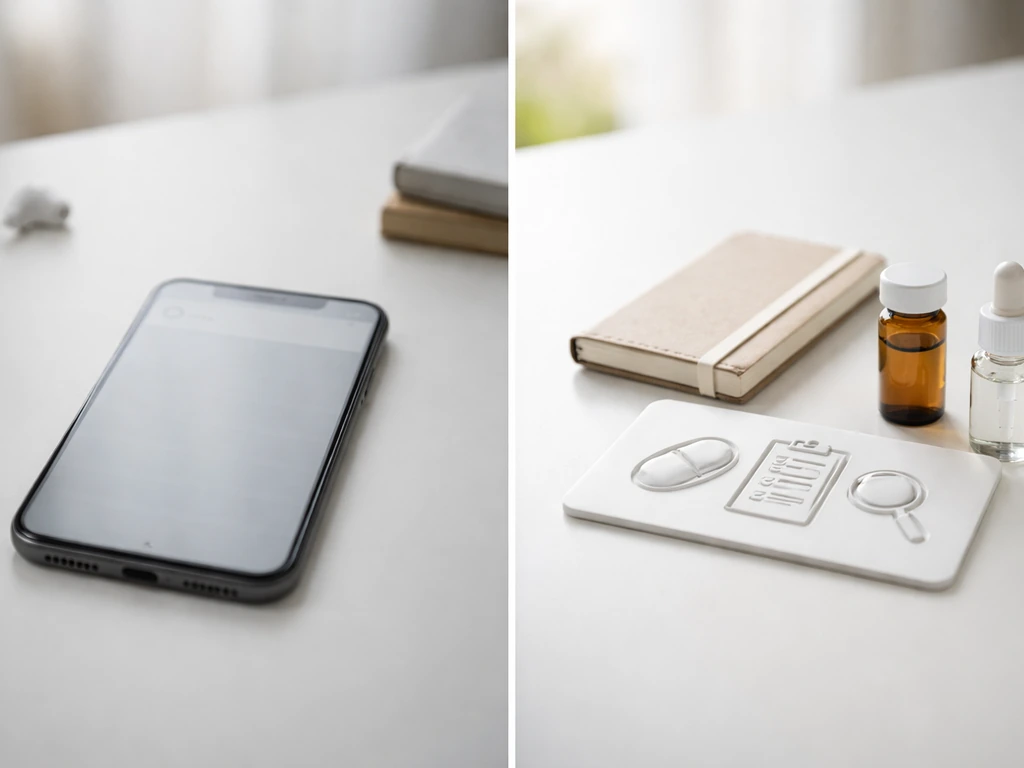 Minimal desk scene split visually: blank phone screen on left, clinical-style tokens and vial on right.