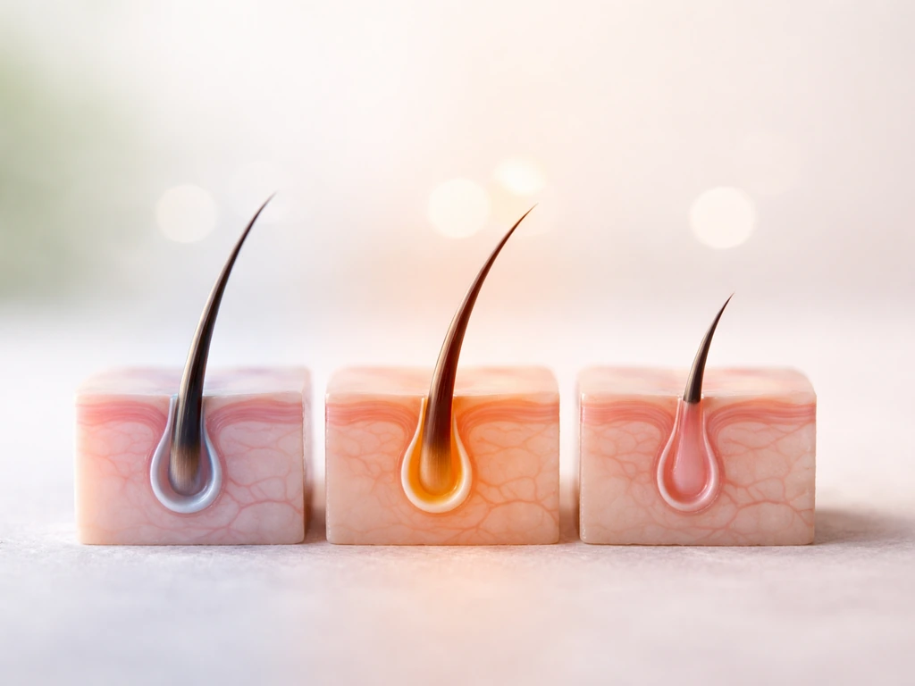 Macro photo with three softly lit phases of a lash follicle model on a clean background, minimal and educational.