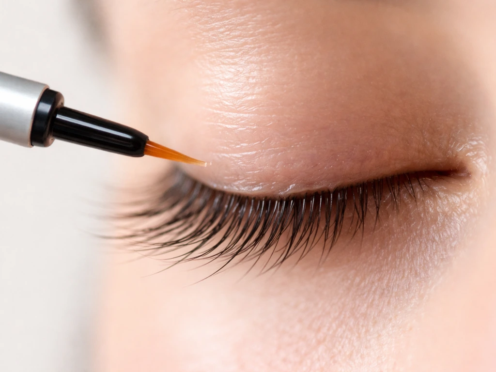 Close-up of a prostaglandin-analog style eyelash serum wand applying along the lash line on a neutral background