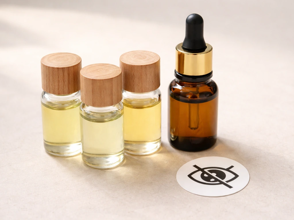 Small essential-oil vials and a crossed-out eye icon on a neutral tabletop.